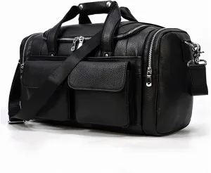 Men's Travel Bag Leather Cylinder Tote Cowhide Fashion Gym Bag Shoulder Crossbody Bag