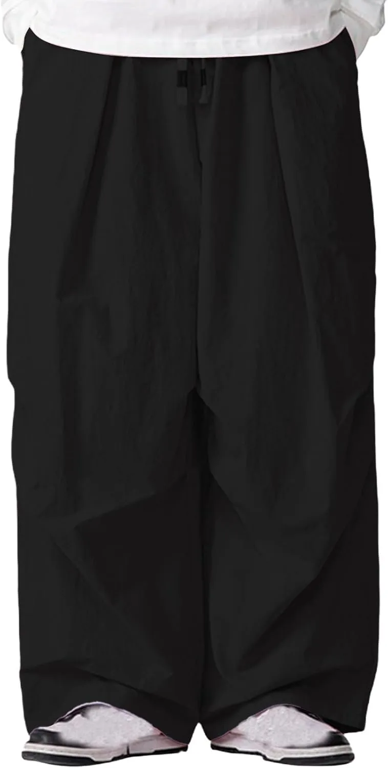 Mens Wide Leg Pants Plain Loose Fit Casual Pant Trendy Drawstring Waist Slacks Summer Fashion Trouser with Pocket
