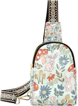 Mushroom Bunny Small Sling Bag for Women,Leather Fanny Pack,Crossbody Waist Bag With Adjustable Guitar Strap