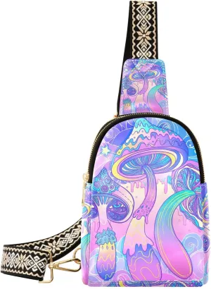 Mushroom Small Sling Bag for Women,Leather Fanny Pack,Crossbody Waist Bag With Adjustable Guitar Strap