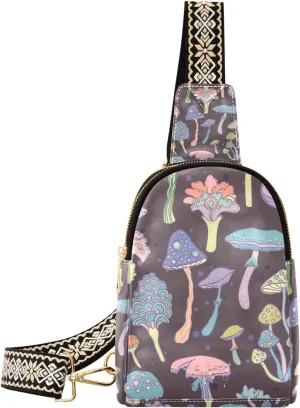 Mushroom Small Sling Bag for Women,Leather Fanny Pack,Crossbody Waist Bag With Adjustable Guitar Strap