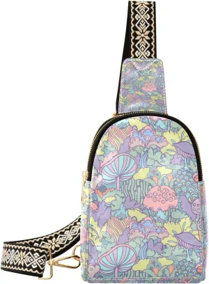 Mushroom Small Sling Bag for Women,Leather Fanny Pack,Crossbody Waist Bag With Adjustable Guitar Strap