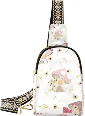 Mushroom Small Sling Bag for Women,Leather Fanny Pack,Crossbody Waist Bag With Adjustable Guitar Strap