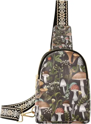 Mushroom Small Sling Bag for Women,Leather Fanny Pack,Crossbody Waist Bag With Adjustable Guitar Strap