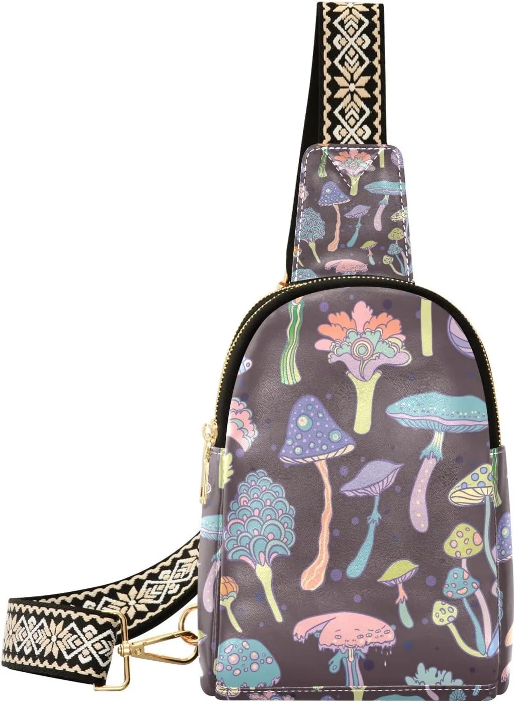 Mushroom Small Sling Bag for Women,Leather Fanny Pack,Crossbody Waist Bag With Adjustable Guitar Strap