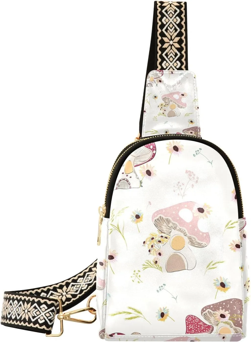 Mushroom Small Sling Bag for Women,Leather Fanny Pack,Crossbody Waist Bag With Adjustable Guitar Strap