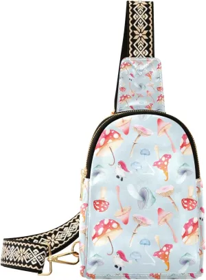 Mushroom Small Sling Bag for Women,Leather Fanny Pack,Crossbody Waist Bag With Adjustable Guitar Strap