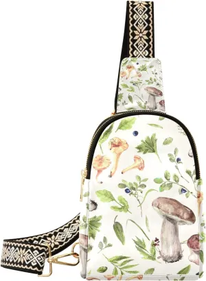 Mushroom Small Sling Bag for Women,Leather Fanny Pack,Crossbody Waist Bag With Adjustable Guitar Strap