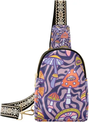 Mushroom Small Sling Bag for Women,Leather Fanny Pack,Crossbody Waist Bag With Adjustable Guitar Strap