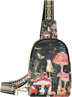 Mushroom Small Sling Bag for Women,Leather Fanny Pack,Crossbody Waist Bag With Adjustable Guitar Strap