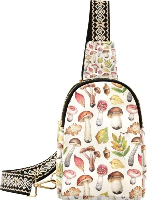 Mushroom Small Sling Bag for Women,Leather Fanny Pack,Crossbody Waist Bag With Adjustable Guitar Strap