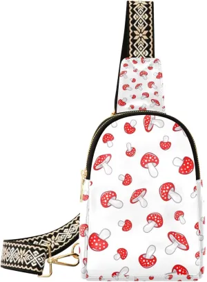 Mushroom Small Sling Bag for Women,Leather Fanny Pack,Crossbody Waist Bag With Adjustable Guitar Strap