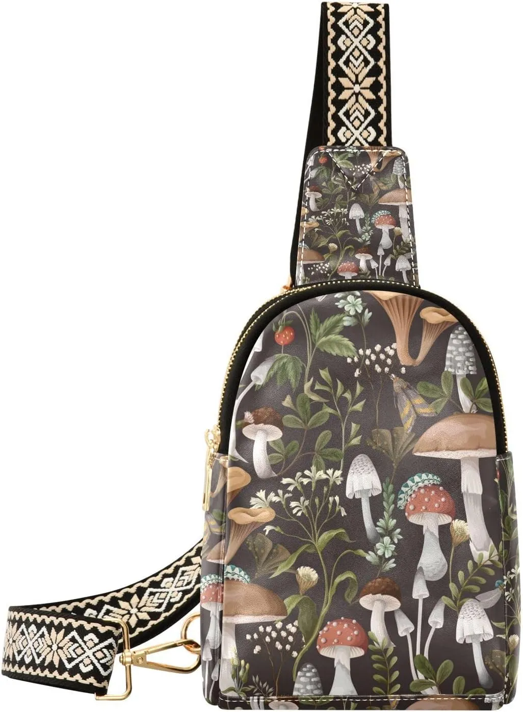 Mushroom Small Sling Bag for Women,Leather Fanny Pack,Crossbody Waist Bag With Adjustable Guitar Strap