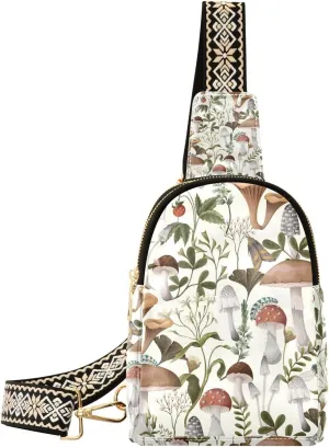 Mushroom Small Sling Bag for Women,Leather Fanny Pack,Crossbody Waist Bag With Adjustable Guitar Strap