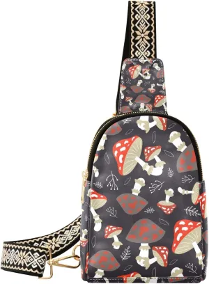 Mushroom Small Sling Bag for Women,Leather Fanny Pack,Crossbody Waist Bag With Adjustable Guitar Strap