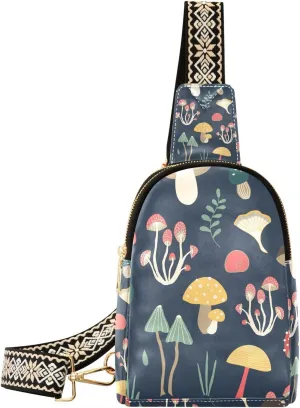 Mushroom Small Sling Bag for Women,Leather Fanny Pack,Crossbody Waist Bag With Adjustable Guitar Strap