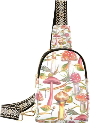 Mushroom Small Sling Bag for Women,Leather Fanny Pack,Crossbody Waist Bag With Adjustable Guitar Strap
