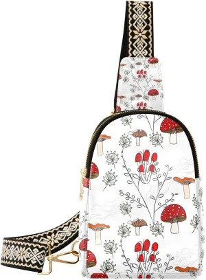 Mushroom Small Sling Bag for Women,Leather Fanny Pack,Crossbody Waist Bag With Adjustable Guitar Strap