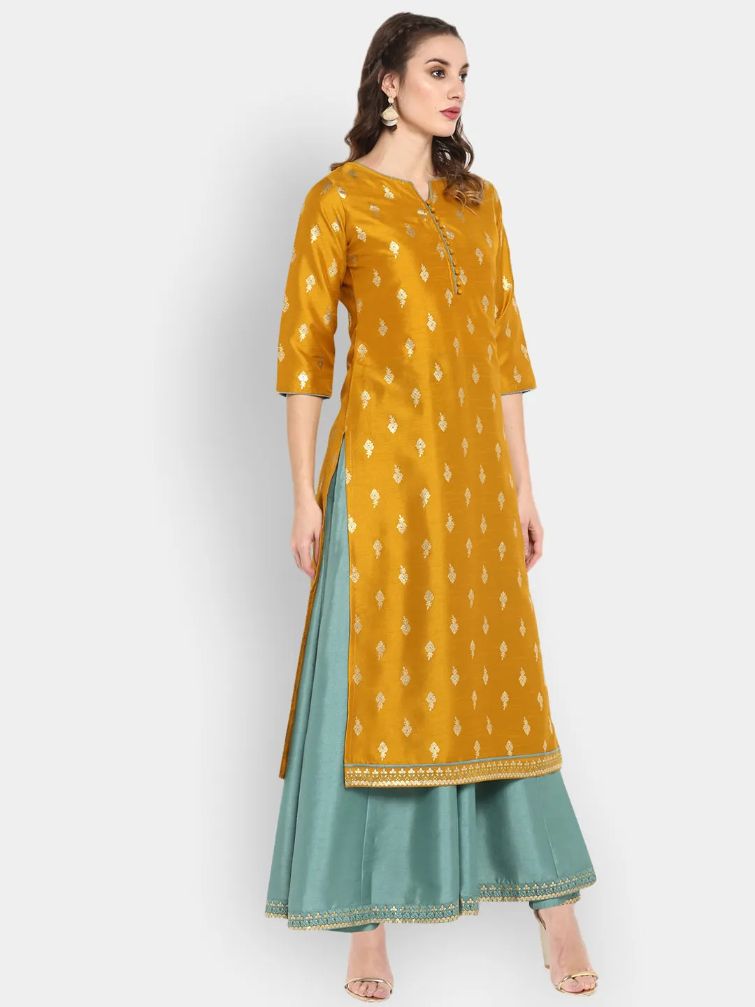 Mustard Poly Silk Ethnic Dress