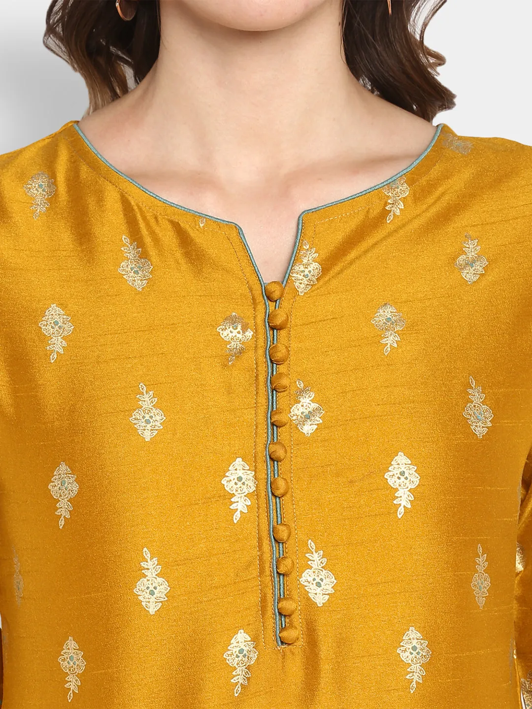 Mustard Poly Silk Ethnic Dress