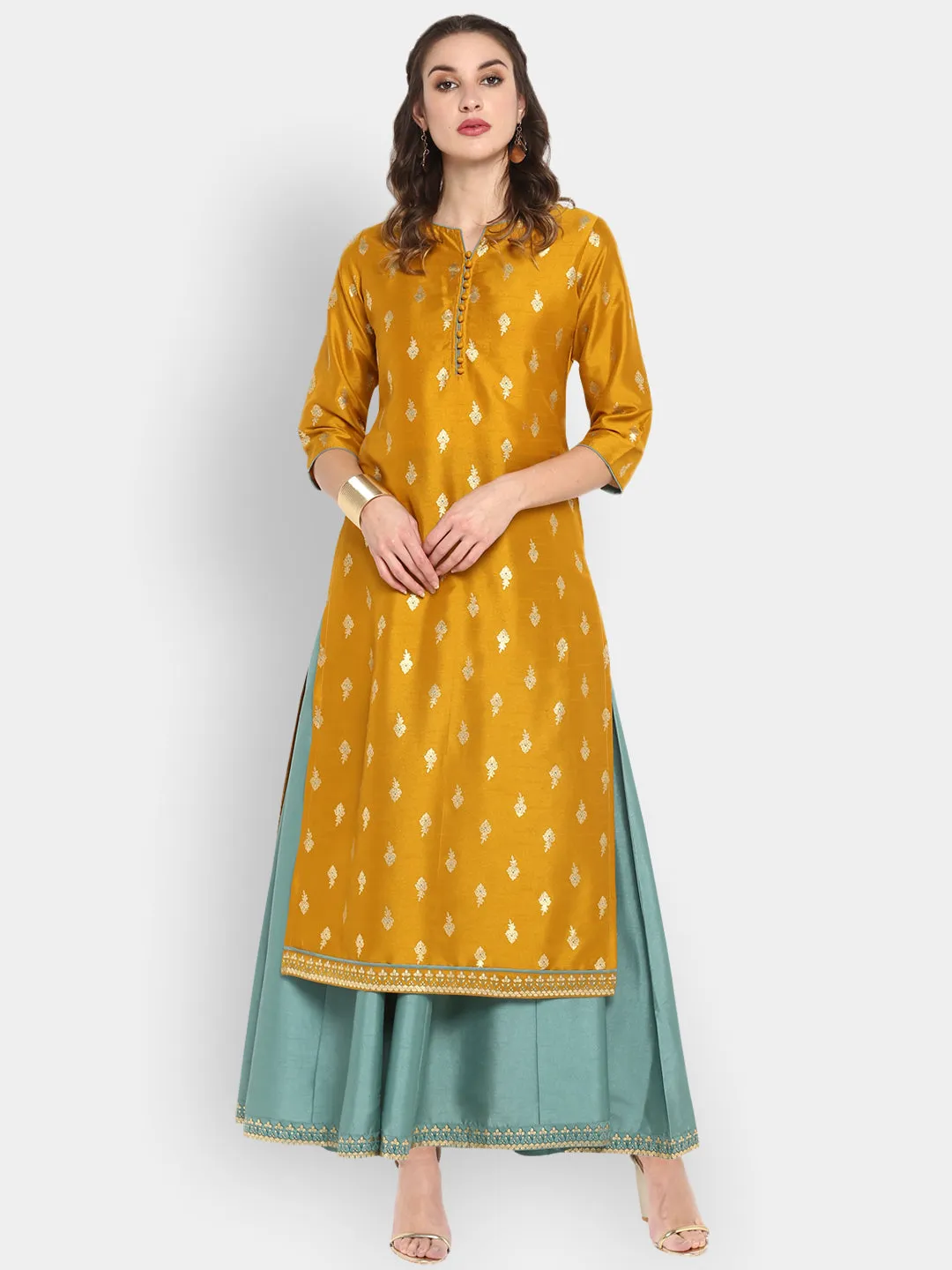 Mustard Poly Silk Ethnic Dress