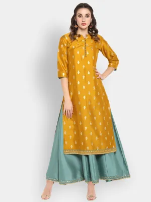 Mustard Poly Silk Ethnic Dress
