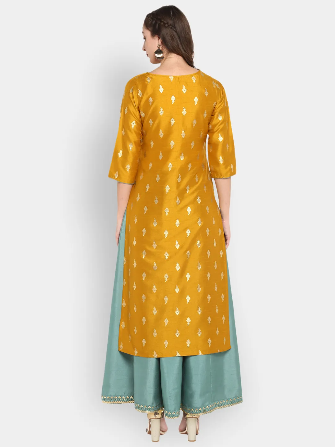 Mustard Poly Silk Ethnic Dress