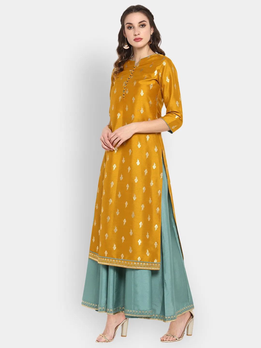 Mustard Poly Silk Ethnic Dress