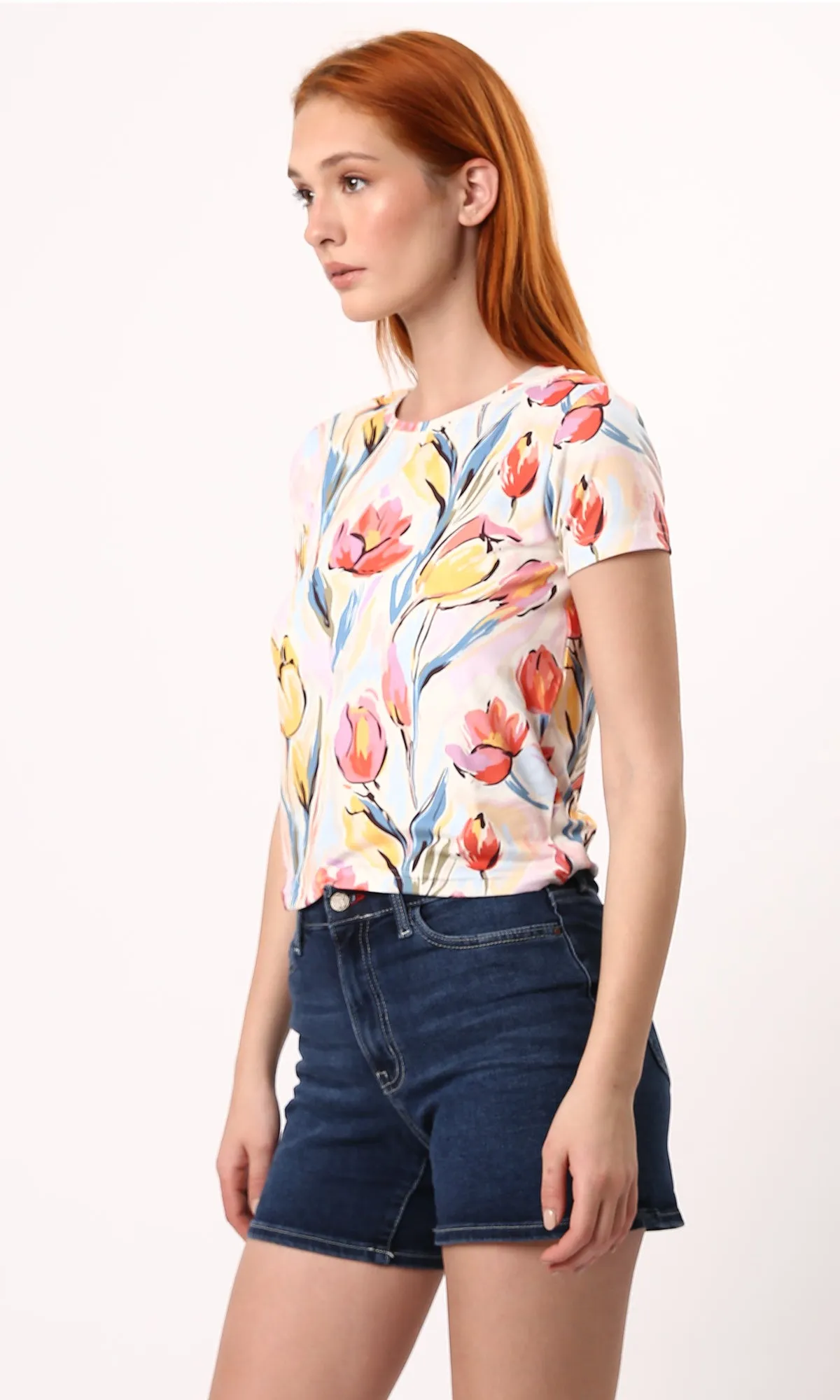 O182826 Colorful Flowers Shorts Sleeves Summer Tee - Multicolour