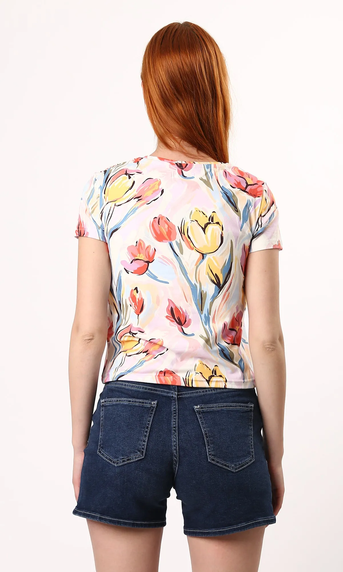 O182826 Colorful Flowers Shorts Sleeves Summer Tee - Multicolour