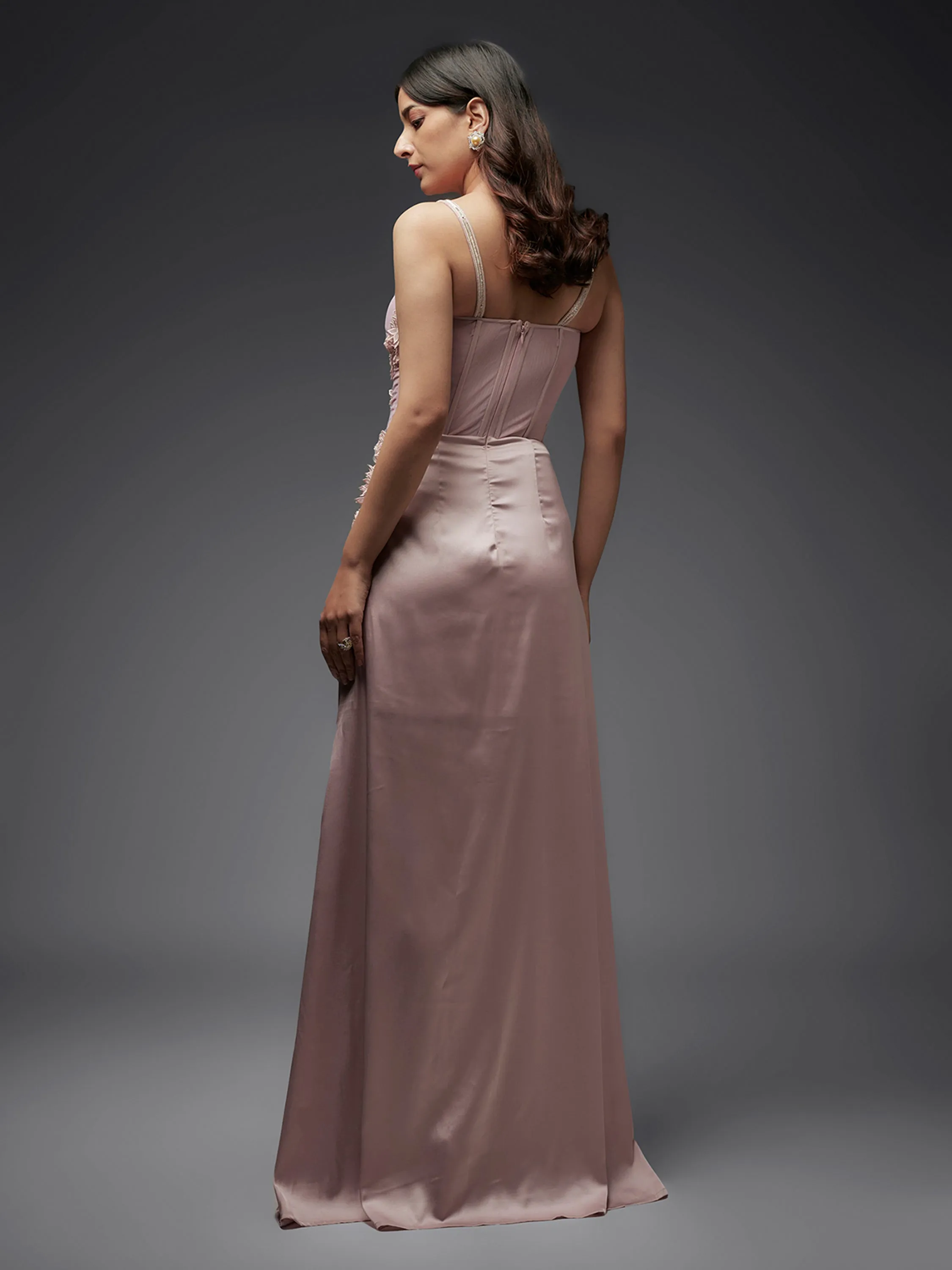 Old Rose Modal Satin Side Slit Embroidered Gown