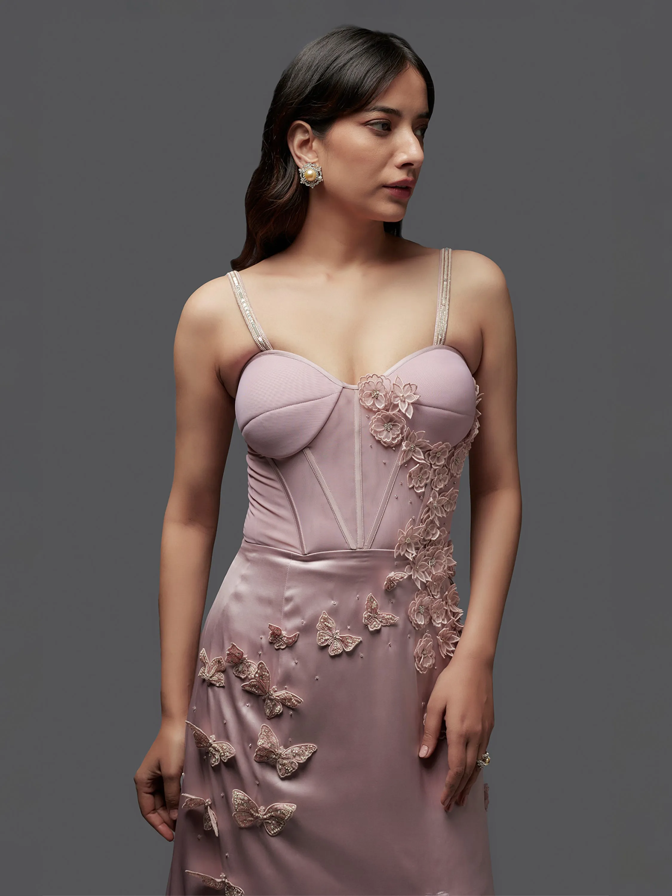 Old Rose Modal Satin Side Slit Embroidered Gown