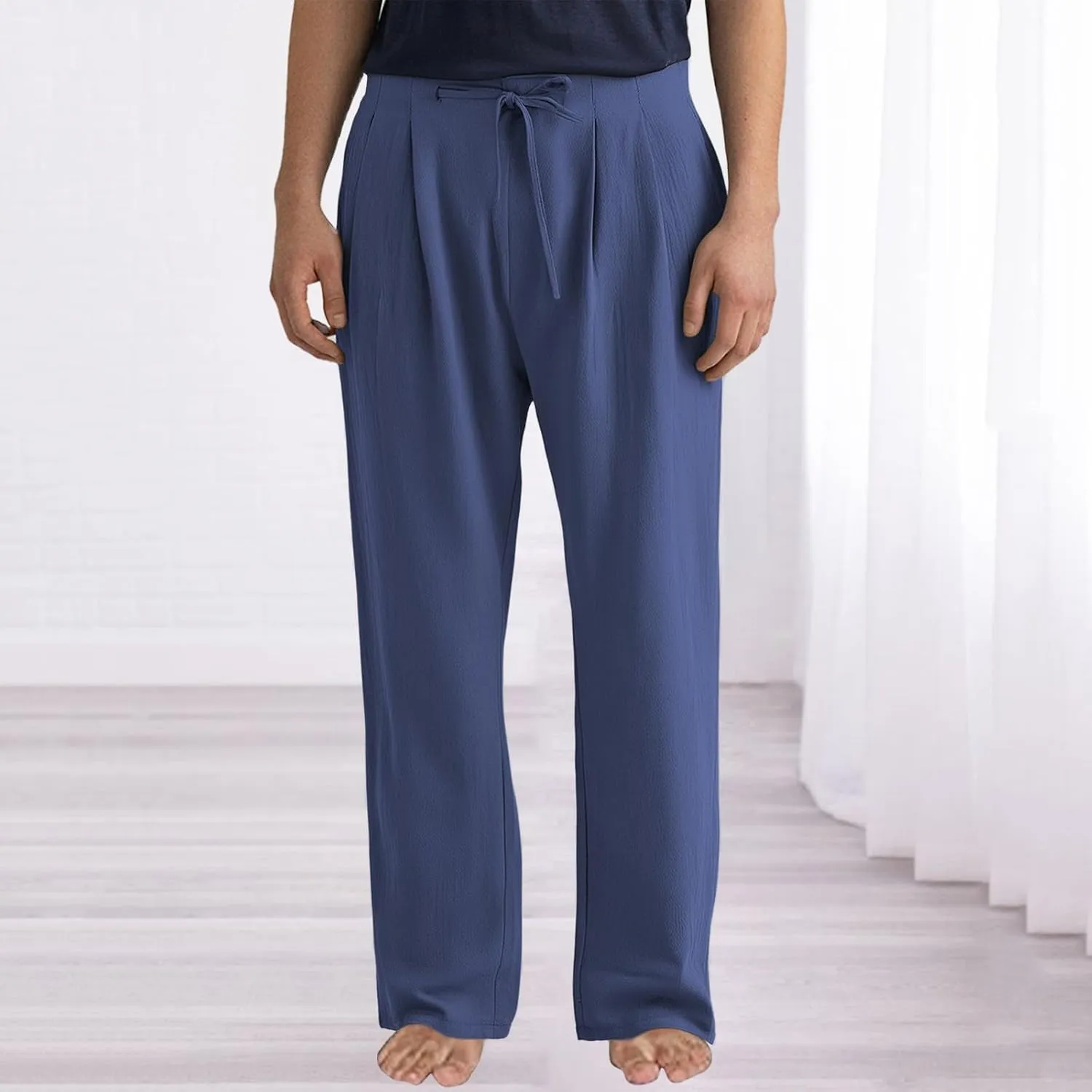 Plus Size Linen Pants Men Trendy Flat Front Pants Solid Straight Slacks Summer Drawstring Casual Trousers with Pocket