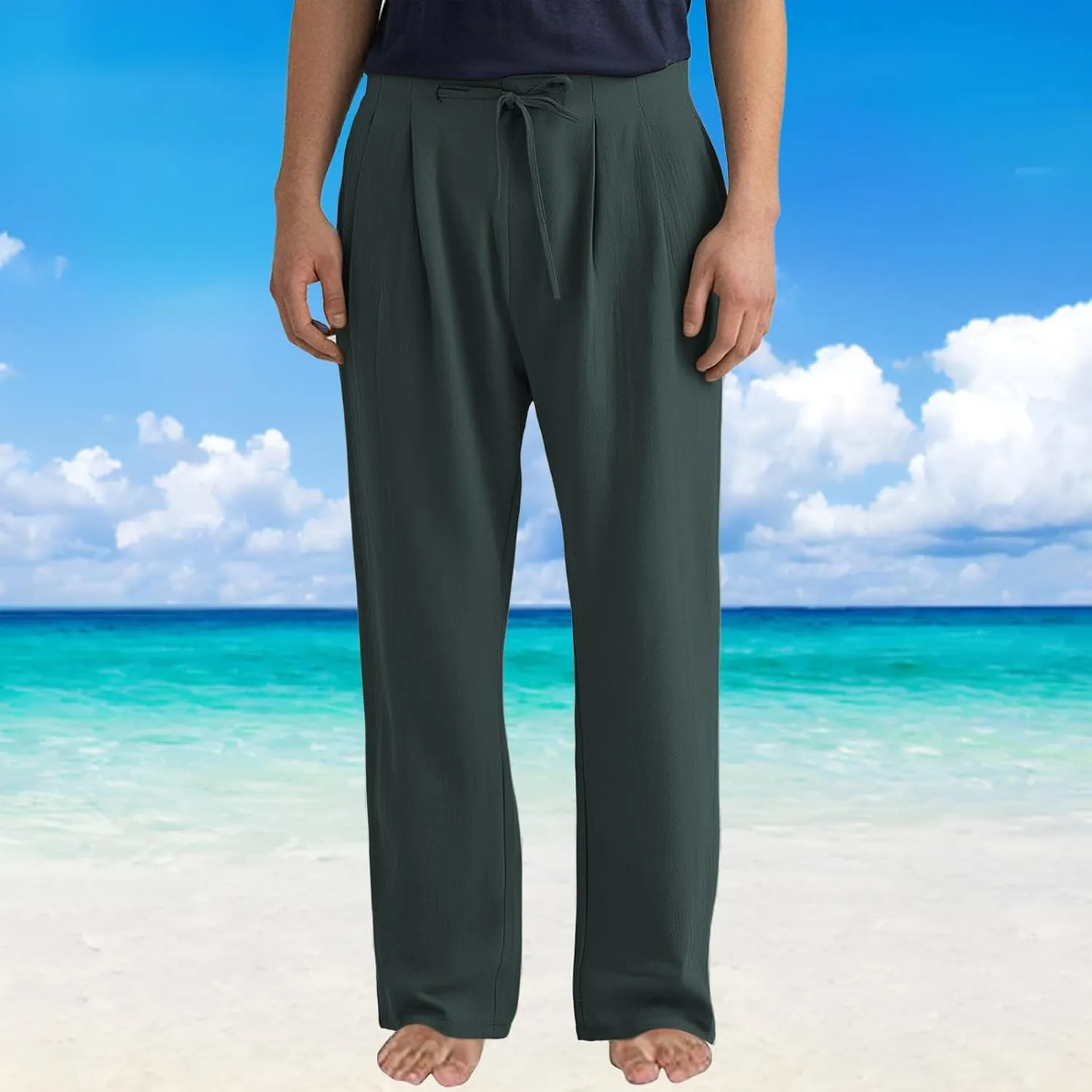 Plus Size Linen Pants Men Trendy Flat Front Pants Solid Straight Slacks Summer Drawstring Casual Trousers with Pocket