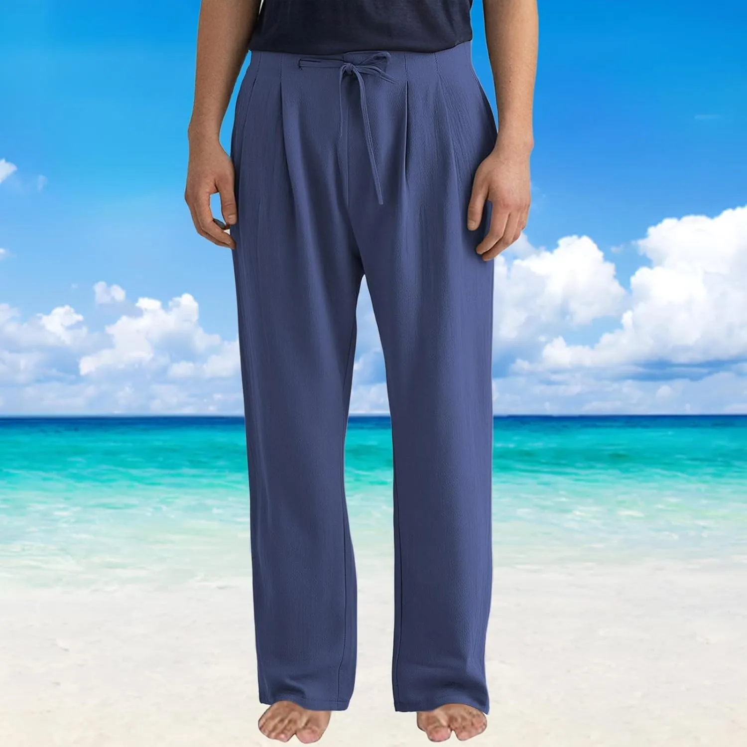 Plus Size Linen Pants Men Trendy Flat Front Pants Solid Straight Slacks Summer Drawstring Casual Trousers with Pocket