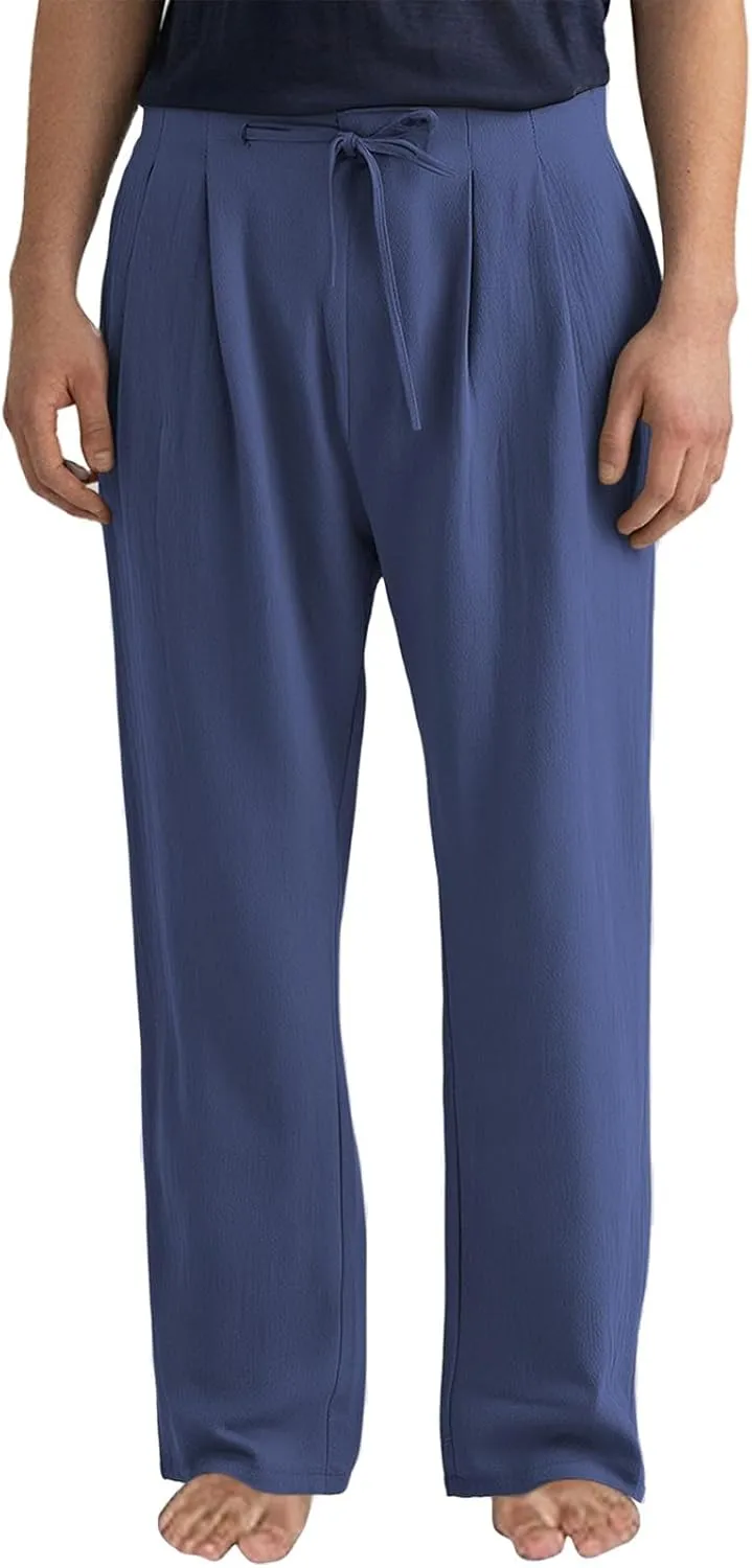 Plus Size Linen Pants Men Trendy Flat Front Pants Solid Straight Slacks Summer Drawstring Casual Trousers with Pocket