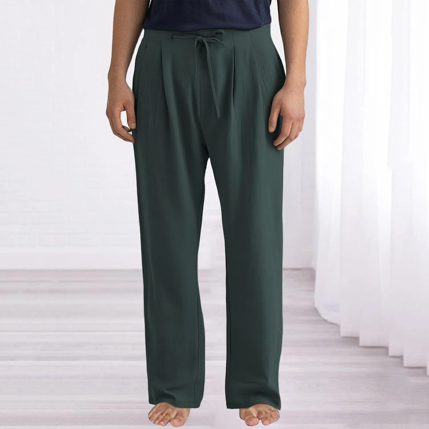 Plus Size Linen Pants Men Trendy Flat Front Pants Solid Straight Slacks Summer Drawstring Casual Trousers with Pocket