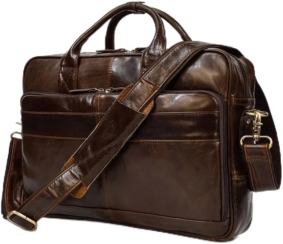 PTEXTU Men's Leather Briefcase Retro Business Tote Cowhide Shoulder Crossbody Bag Computer Bag Commuter Bag