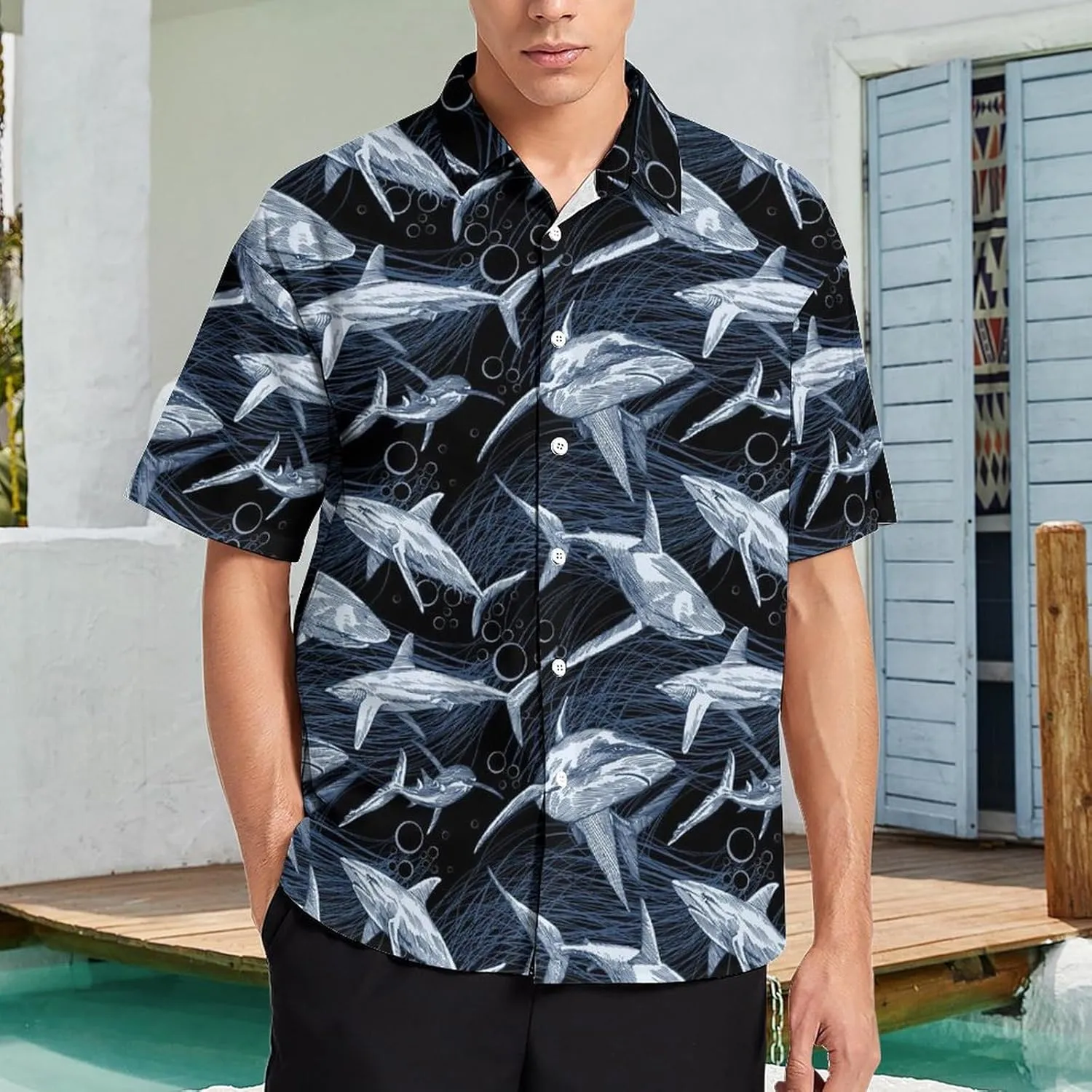 Shark Pattern Aloha Hawaiian Shirt Men Short Sleeve Casual Tropical Beach Shirt Quick Dry,