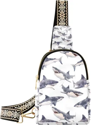 Shark Small Sling Bag for Women,Leather Fanny Pack,Crossbody Waist Bag With Adjustable Guitar Strap