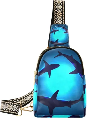 Shark Small Sling Bag for Women,Leather Fanny Pack,Crossbody Waist Bag With Adjustable Guitar Strap