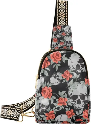 Skull Rose Small Sling Bag for Women,Leather Fanny Pack,Crossbody Waist Bag With Adjustable Guitar Strap