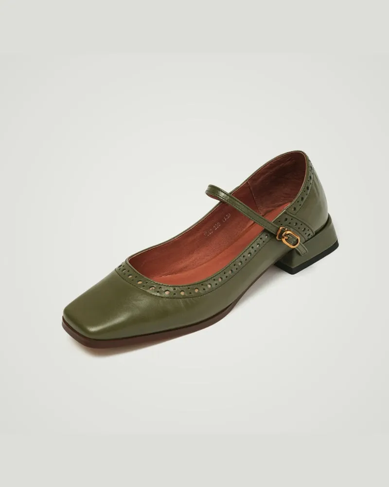 Square Toe Hollow Out Buckled Chunky Heels
