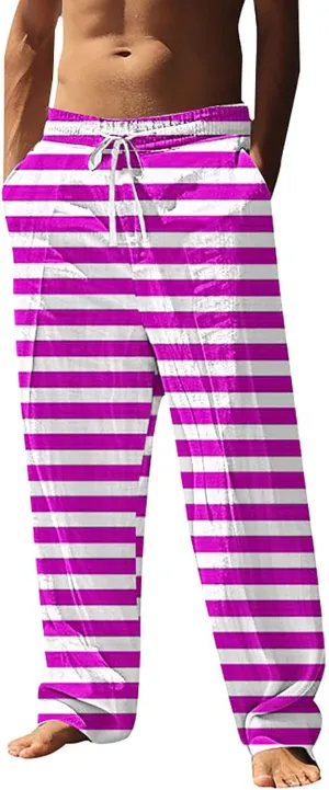 Striped Pants Men Vacation Beach Casual Pant Lightweight Straight Leg Slacks Summer Outdoor Drawstring Waist Trousers