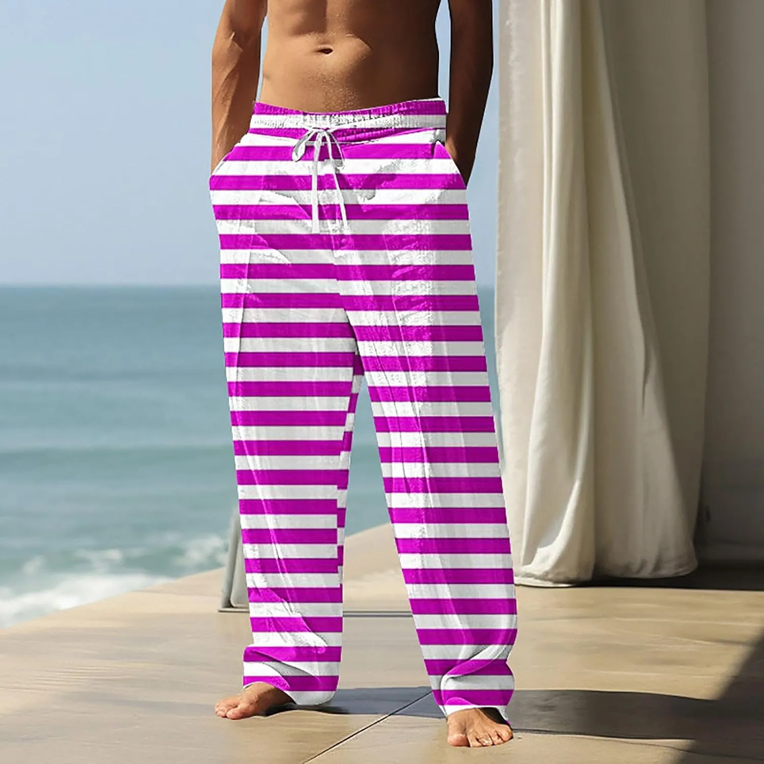 Striped Pants Men Vacation Beach Casual Pant Lightweight Straight Leg Slacks Summer Outdoor Drawstring Waist Trousers