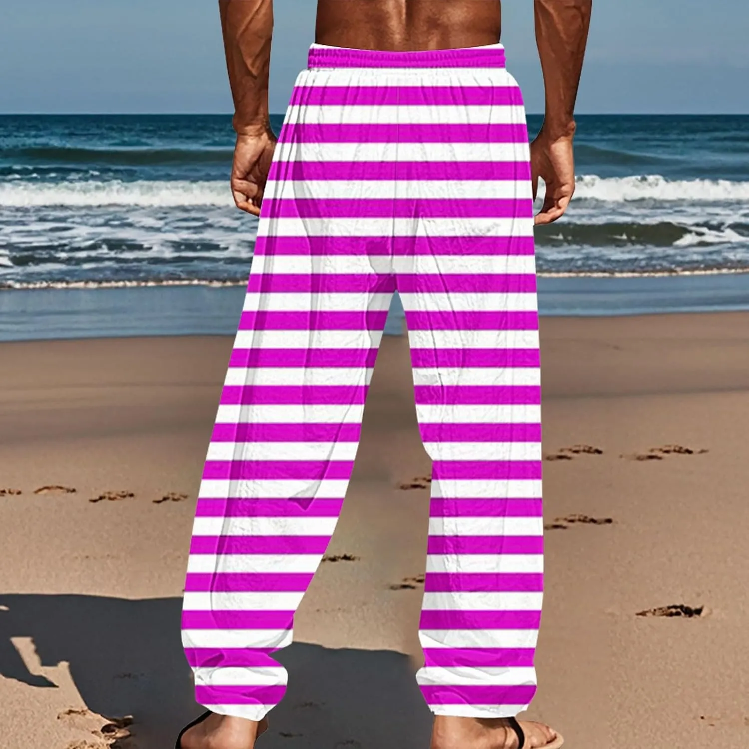 Striped Pants Men Vacation Beach Casual Pant Lightweight Straight Leg Slacks Summer Outdoor Drawstring Waist Trousers