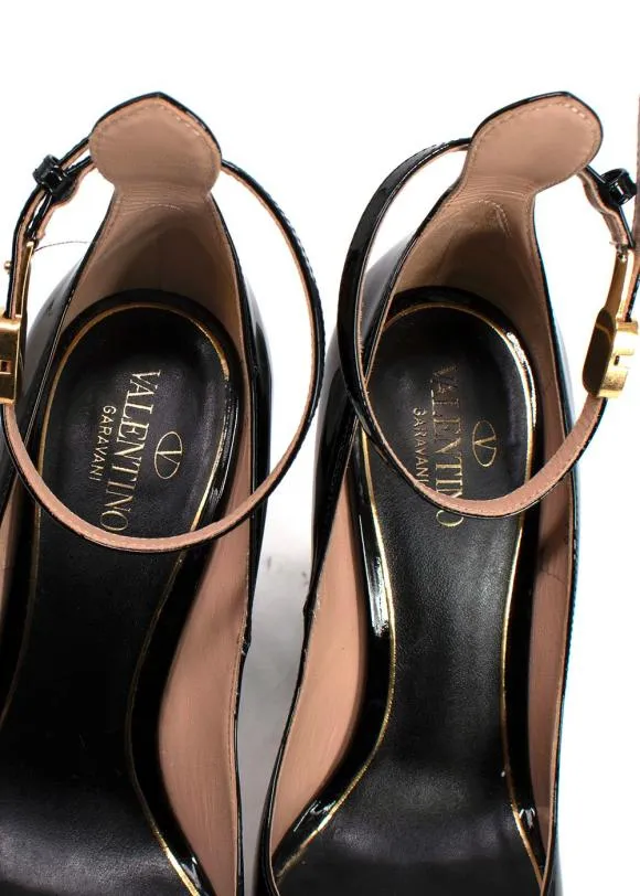 Valentino Garavani Black / gold v-logo Tan-go 155 Patent-leather Platform Pumps UK 5.5 EU 38.5 