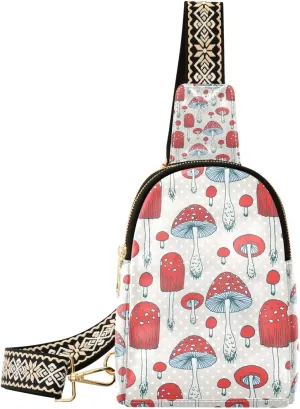 Vintage Mushroom Small Sling Bag for Women,Leather Fanny Pack,Crossbody Waist Bag With Adjustable Guitar Strap