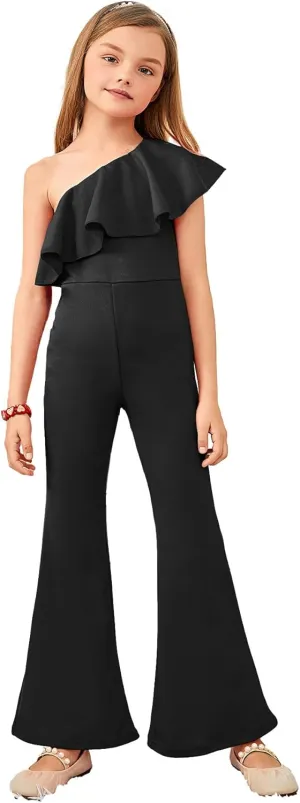 WDIRARA Girl's One Shoulder Ruffle Sleeveless Flare Bell Bottom Party Holiday Jumpsuit