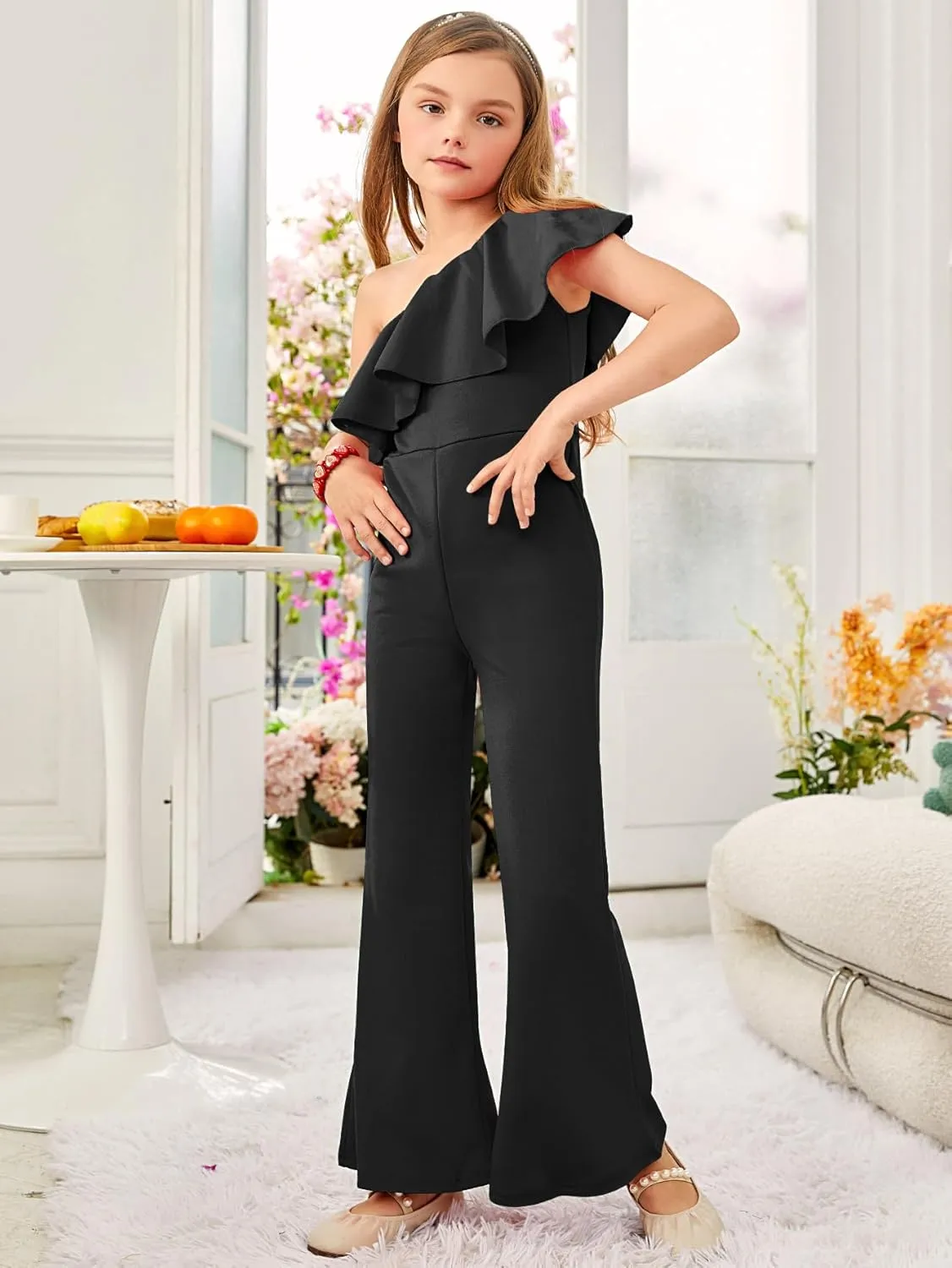WDIRARA Girl's One Shoulder Ruffle Sleeveless Flare Bell Bottom Party Holiday Jumpsuit